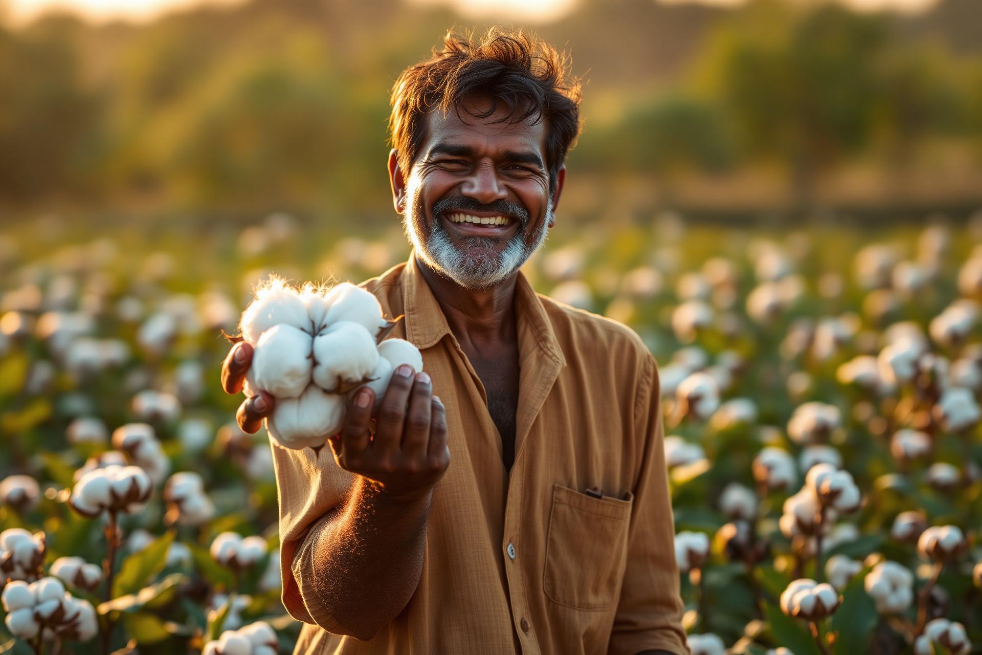 Farmers inspecting cotton at sunrise